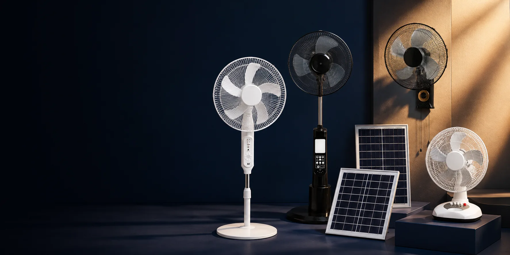 Illustrative Farseen range: white 198F and black S600 standing fans, a W01 wall fan and a white-grey T02 desk fan with solar panels.