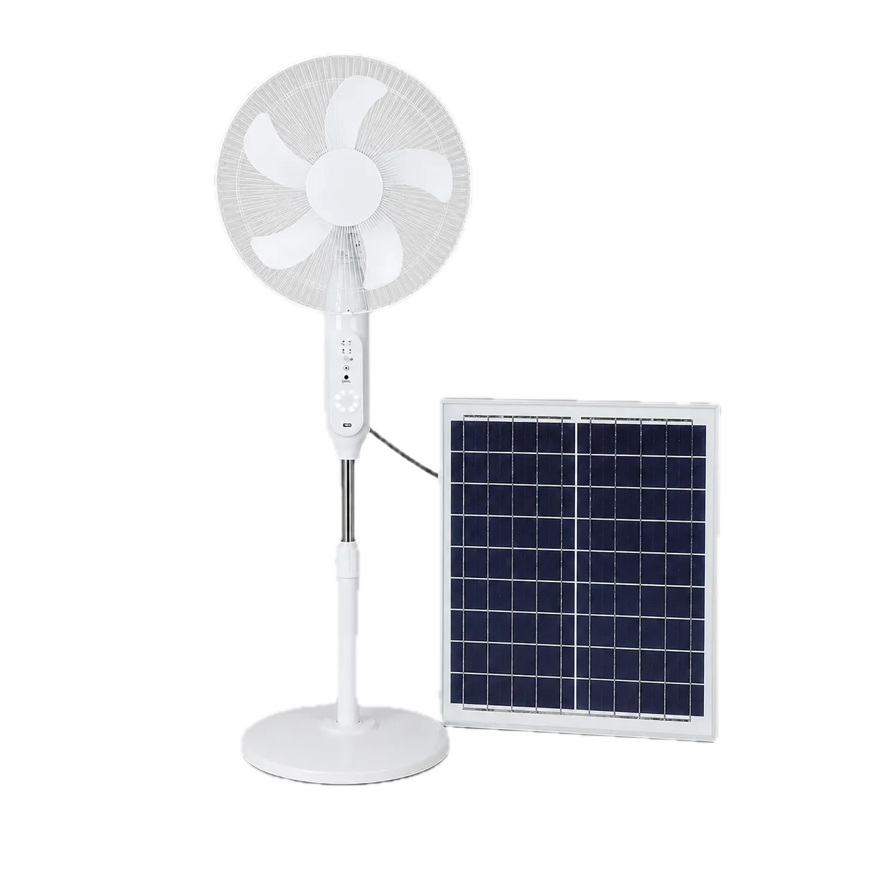 Illustrative studio view of the model 198F standing fan with its solar panel