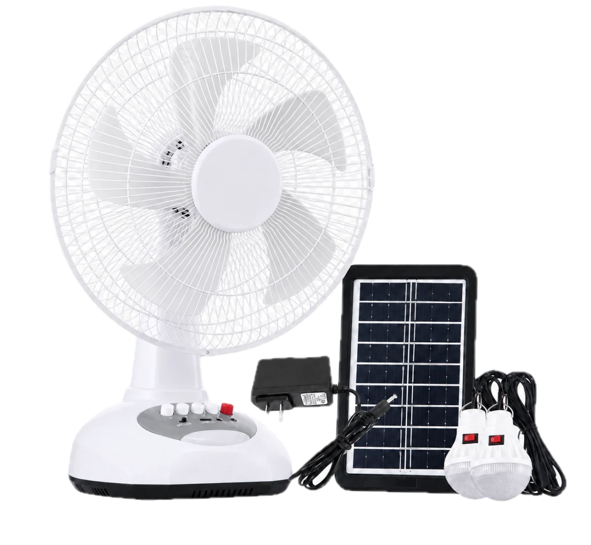 Illustrative transparent white and grey T02 product set with desk fan, solar panel, DC charger and two LED bulbs